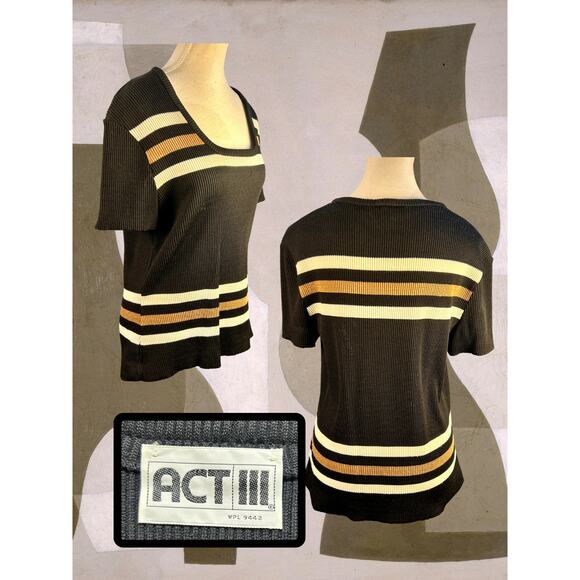 Deadstock Vintage 70s Act III Brown Tan White Stripe Stretch Top and Cardigan XL - Picture 4 of 5